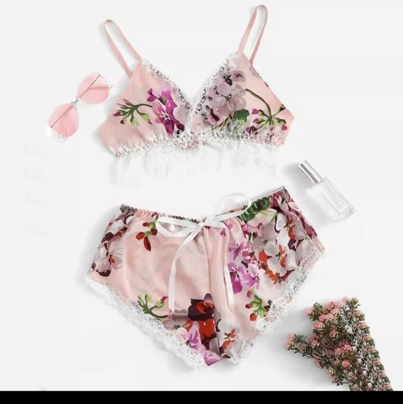 Pajama Set PJs Lace Satin Floral Bra Shorts - Picture 1 of 2